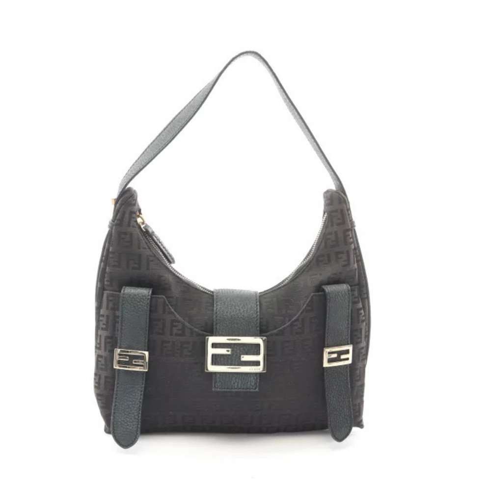 Fendi Zucchino Shoulder Bag Canvas Leather Brown